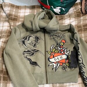 Ed Hardy Olive Hoodie with Tattoo Art